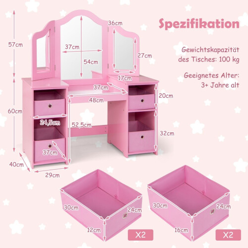 Kids Vanity Table with Removable Mirror & Storage - Pink 1