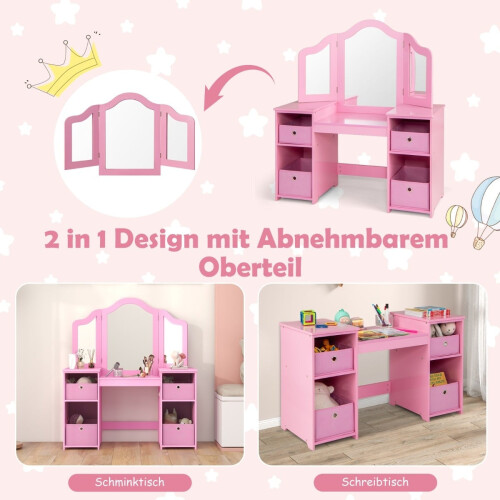 Kids Vanity Table with Removable Mirror & Storage - Pink 2