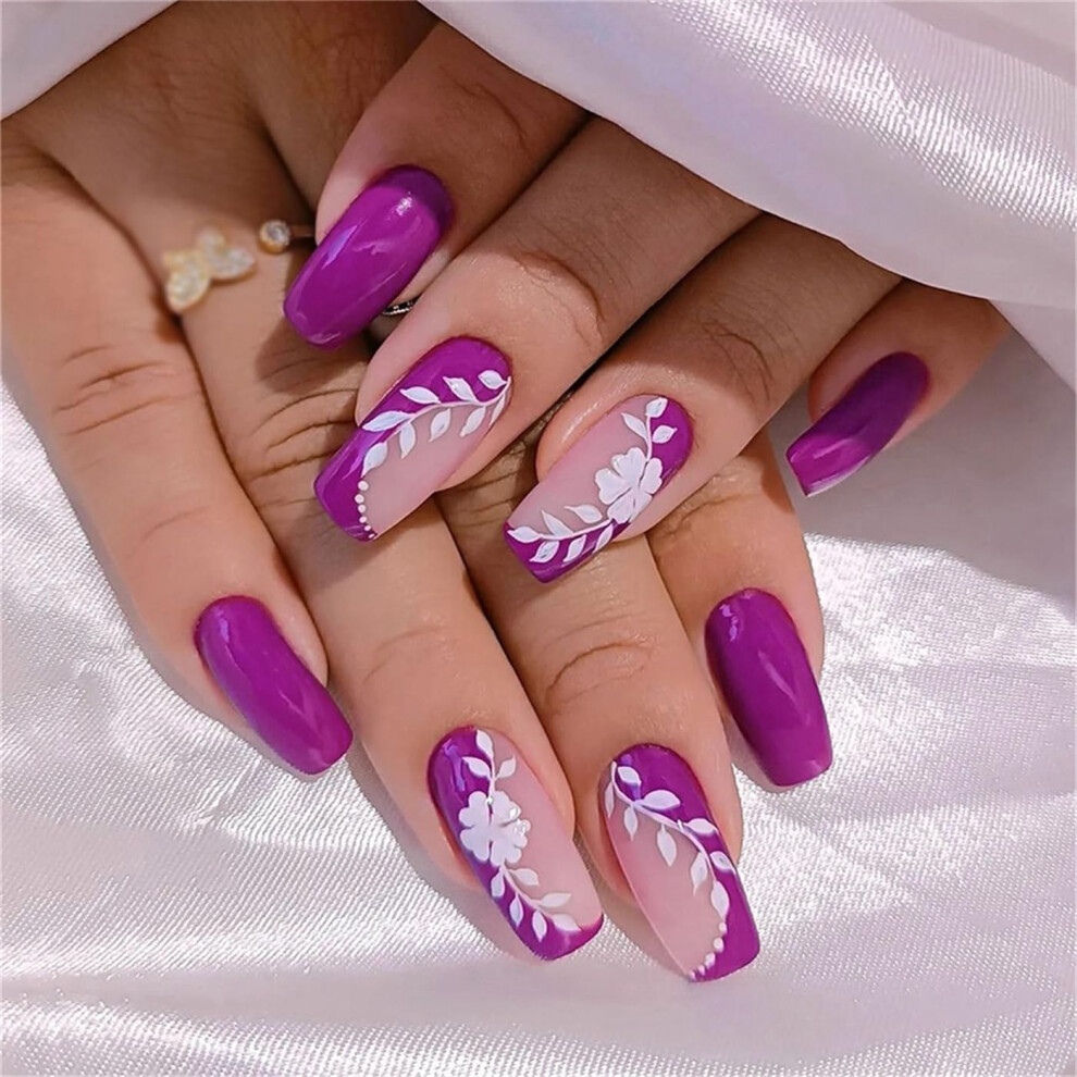Square Medium Press On Nails Nail Art False Nails Set with Glue File 24pcs