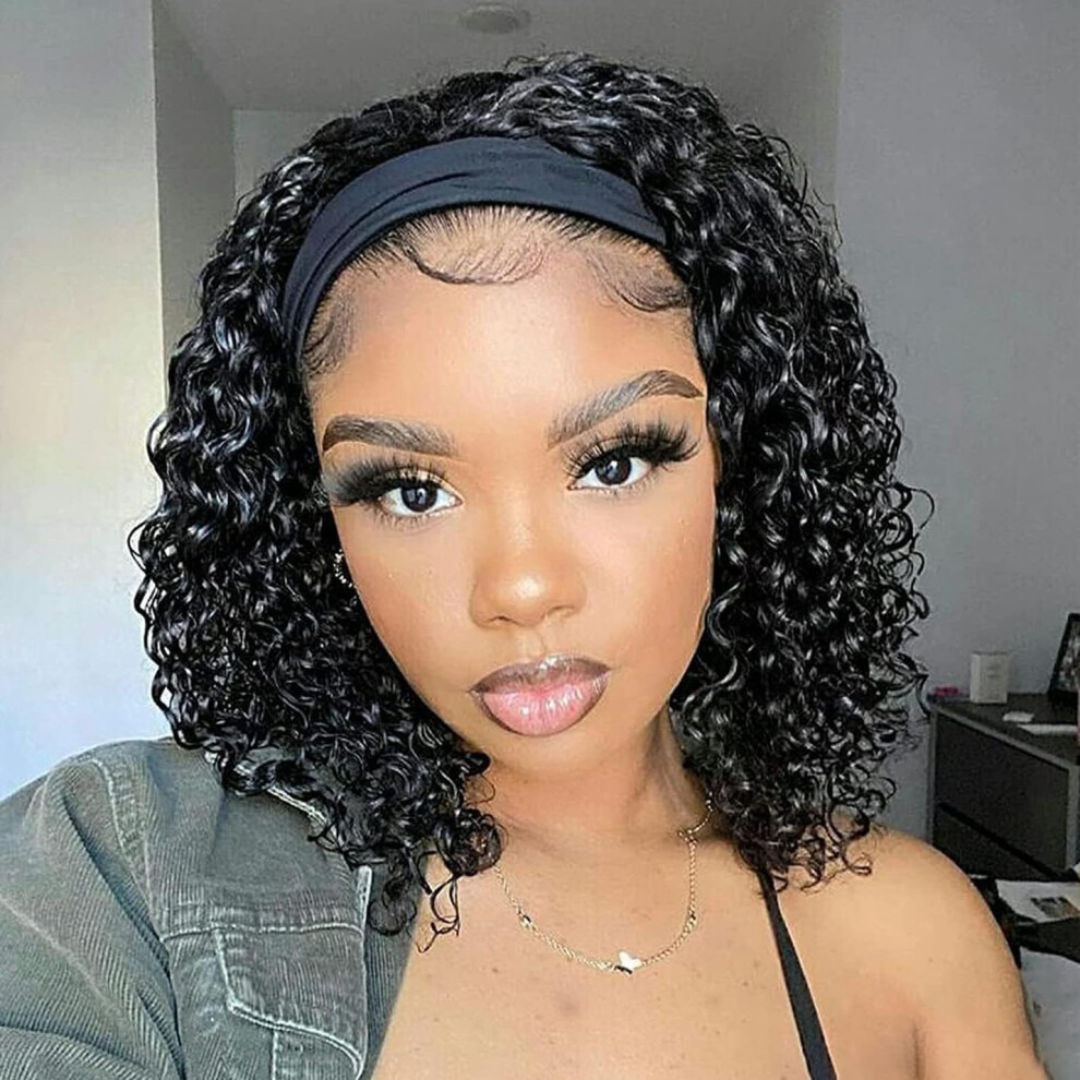 Unisex Black 12 Inch Curly Headband Wig Human Hair For Women, Short Kinky Curly, Natural Glueless