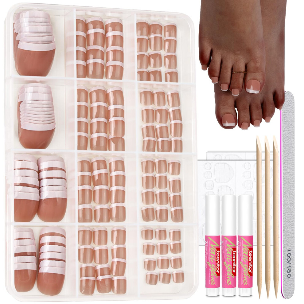 Brown/Light/White Press On Toenails With Glue, 144Pcs French Tip Fake Toenails, Salonquality Glossy Finish, Multiple Sizes