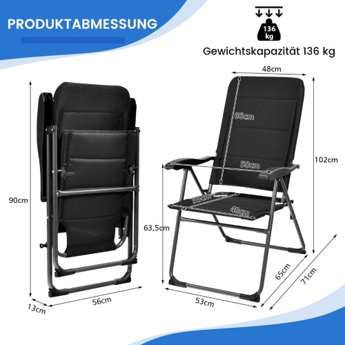 2-Piece Folding Patio Chairs, Adjustable Backrest, Black 2