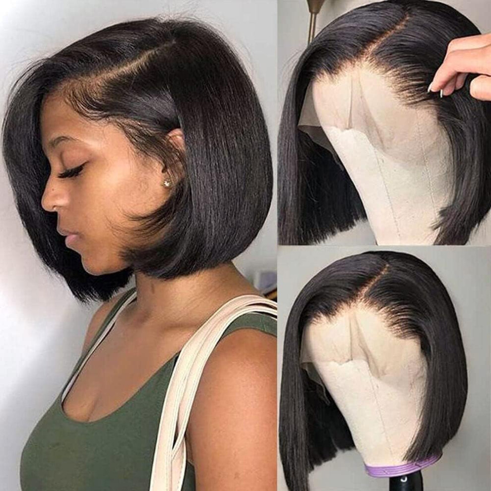 Unisex Black Bob Wig Human Hair 13X4 Lace Front Brazilian Virgin 10 Inch Blunt Cut Natural Hairline