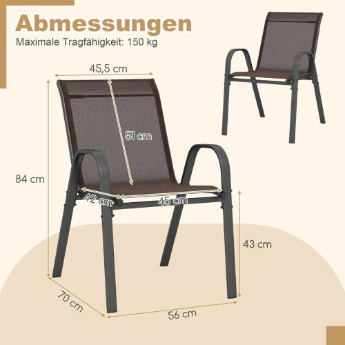 Stackable Outdoor Chairs Set of 4, Metal Frame, Brown 2