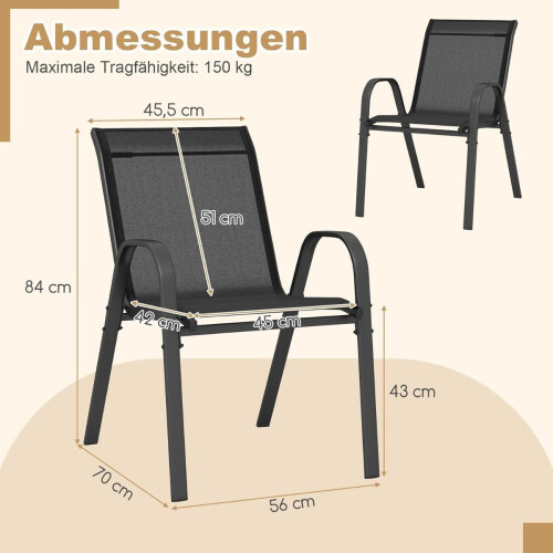 Stackable Outdoor Chairs Set of 4, Black, Metal & Textilene 2