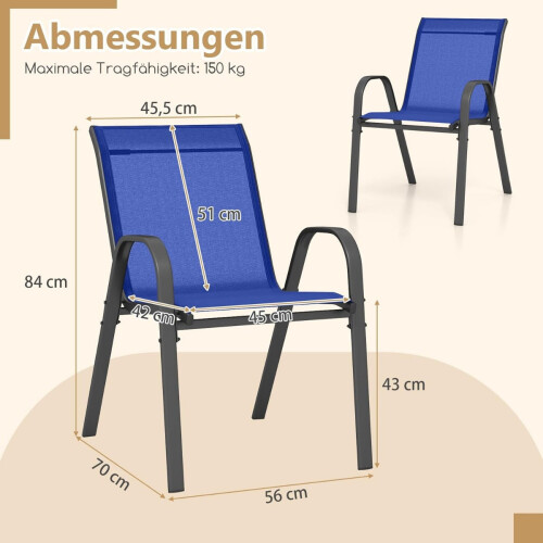 Stackable Outdoor Chairs Set of 4, Blue, Textilene & Metal 2