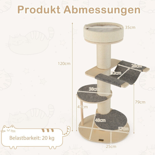 Cat Tree with Hammock, 3 Platforms, Sisal Carpet, 120 cm 2