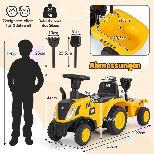 Trattore cavalcabile con rimorchio staccabile e giocattoli 1