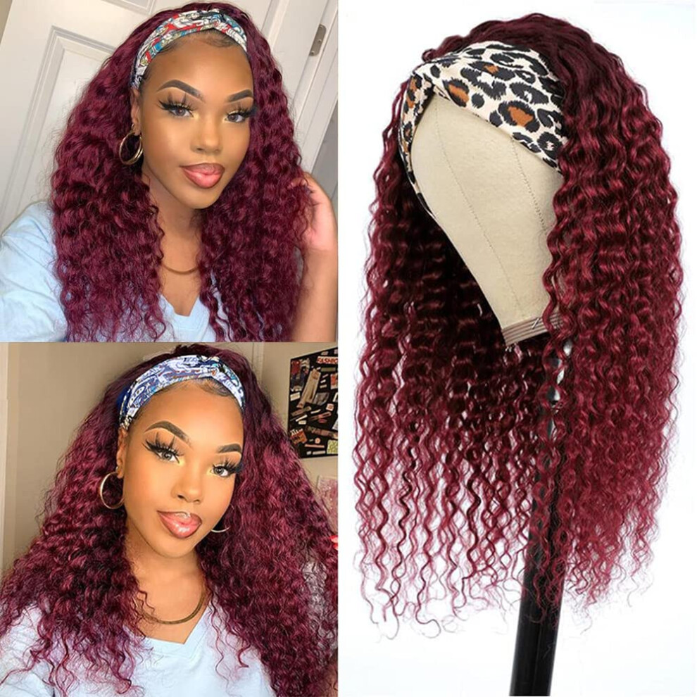 20 Inch Ombre Burgundy Deep Wave Human Hair Headband Wig Glueless Brazilian 130% Density