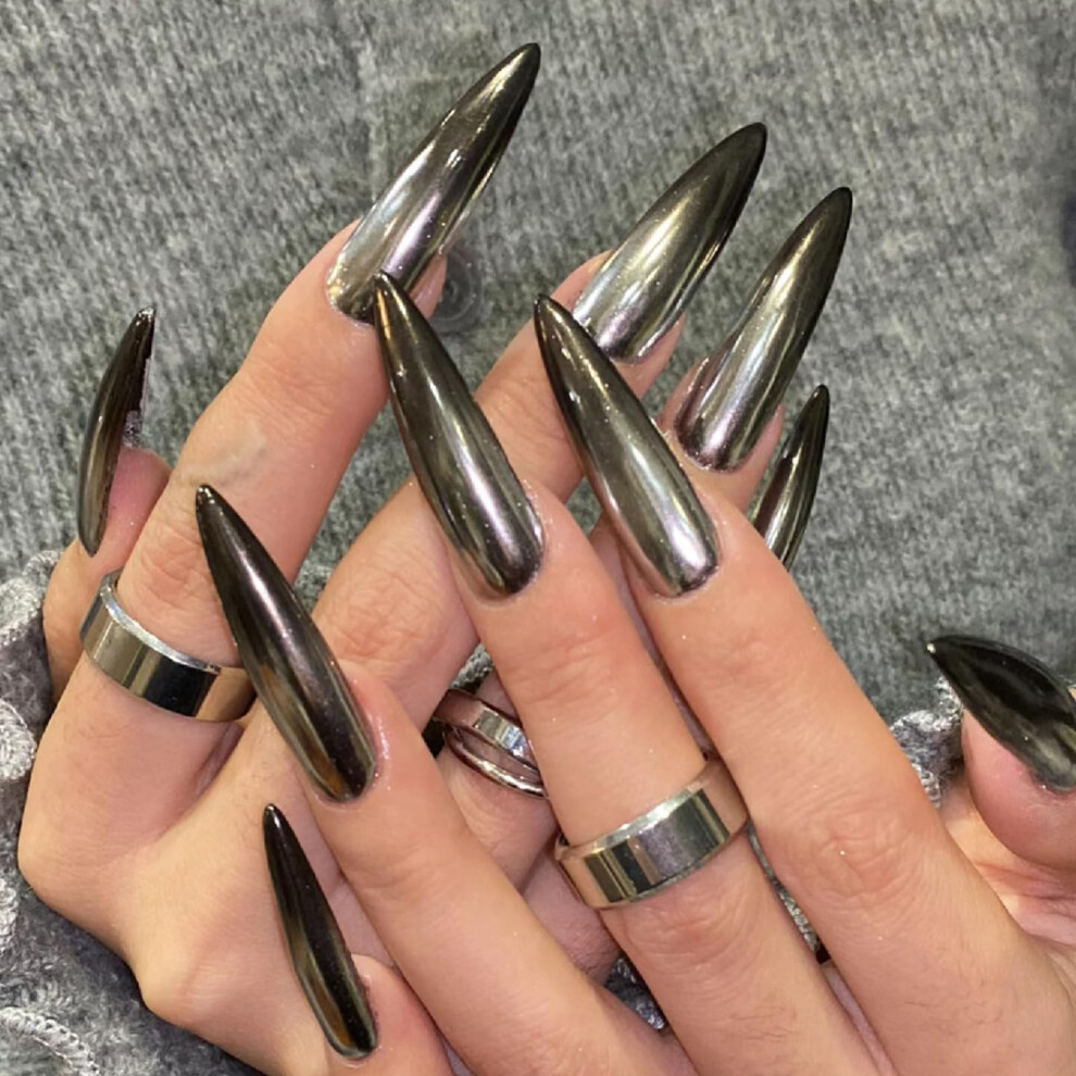 Long Stiletto Press On Nails Set Chrome Glossy Finish 24pcs Ready to Wear with Glue