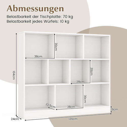Libreria a 3 ripiani con 10 scomparti, bianca, 120x24x104 cm 1