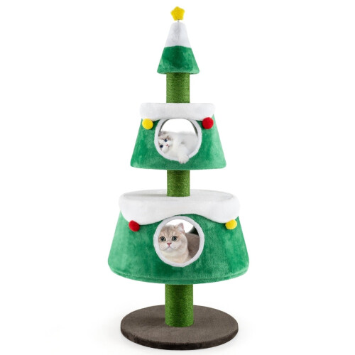 Árvore de Natal para Gatos com 2 Tocas, Postes de Sisal e Brinquedos de Pelúcia