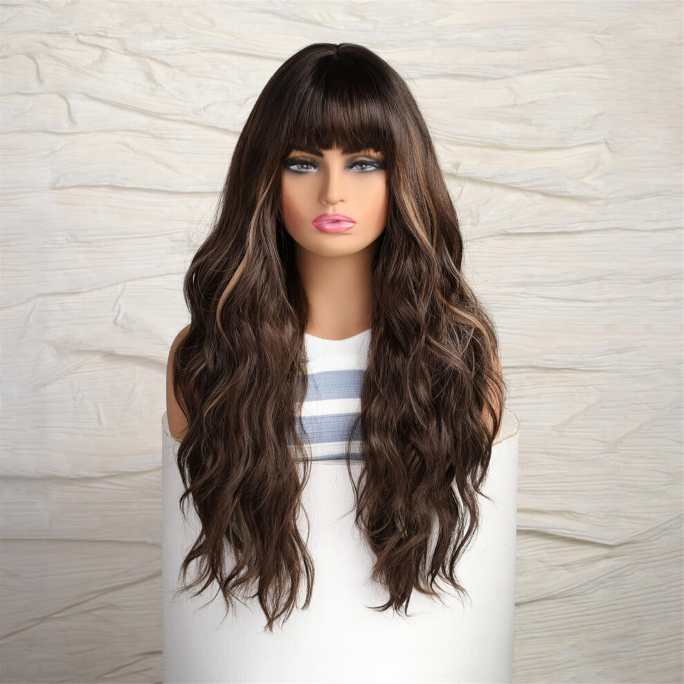 Highlighted Brown Long Curly Wig 26 Inch Synthetic Wig with Bangs Breathable Adjustable Cap