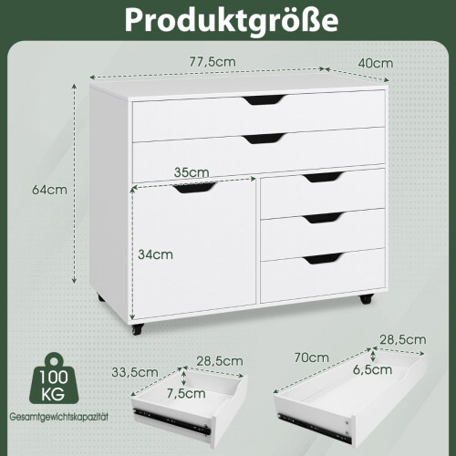 Mobile File Cabinet with 5 Drawers and Cabinet, White 2