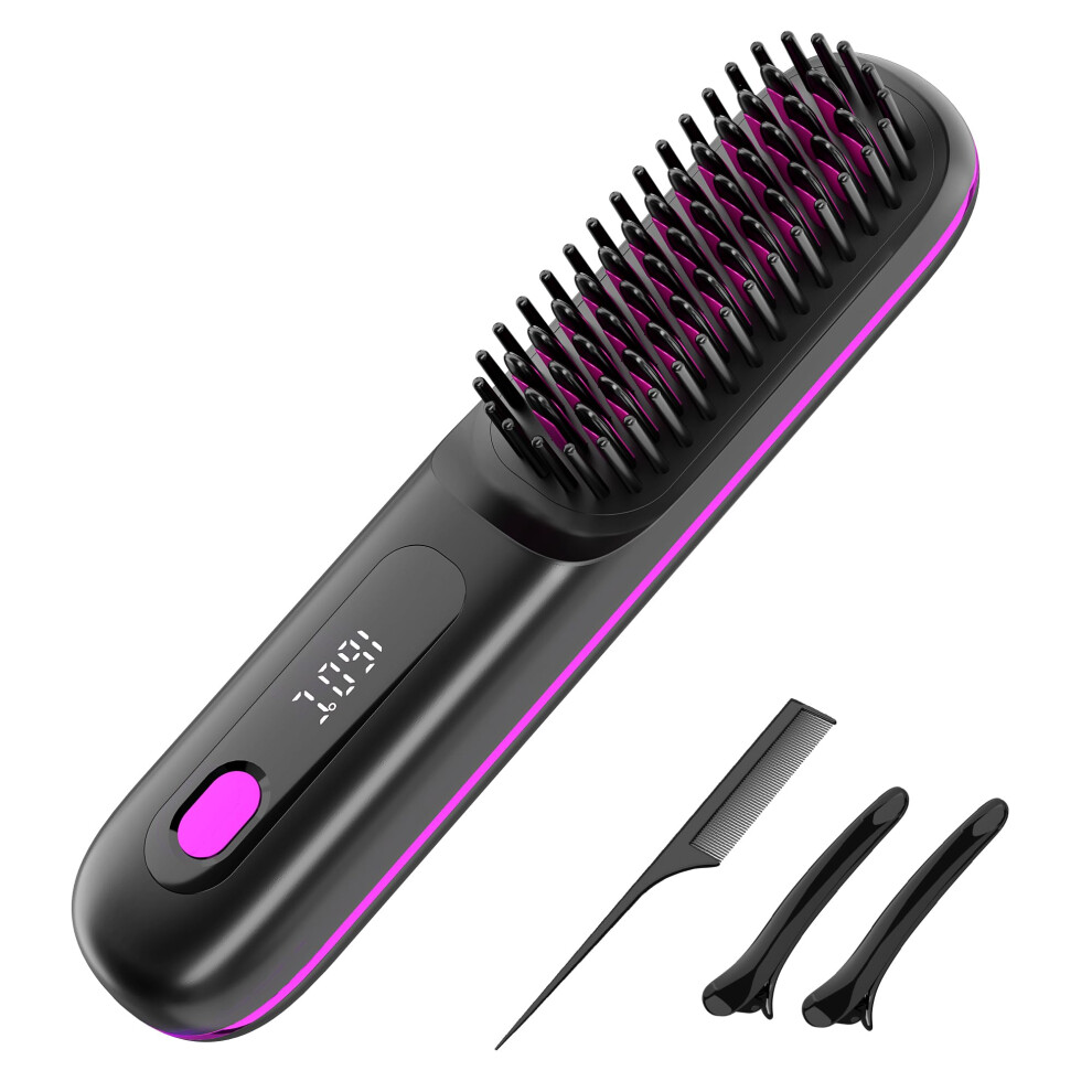 Cordless Ceramic Hair Straightener Brush with Negative Ion, USBC Fast Charging, Travel Size
