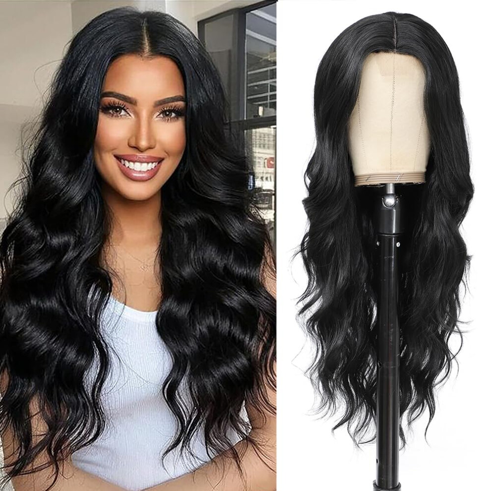 Unisex Black Long Wavy Wig 26 Inch Synthetic Lace Front With Realistic Hairline Heat Resistant For Women