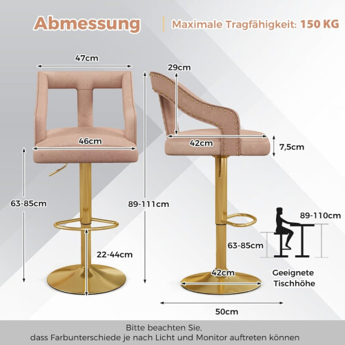 Adjustable Velvet Bar Stools, Pink, Set of 2, 63-85cm 2