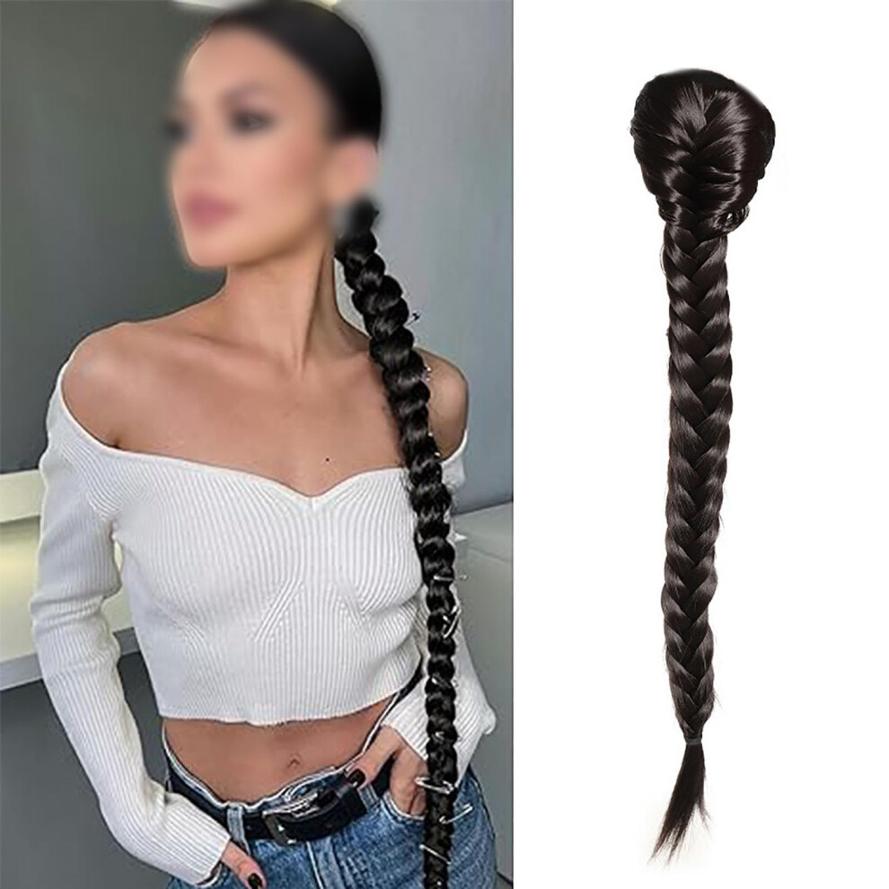 Unisex Black Ponytail Hair Extension Fishtail Braided Drawstring Hairpiece, 24 Inch Synthetic, Natural Look