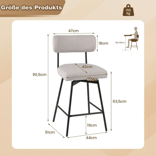 Drehbare Barhocker, 2er-Set, Beige, Leinenbezug 2