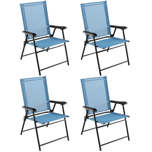 Conjunto de 4 cadeiras dobráveis para área externa com apoio de braços, em tecido azul. 1