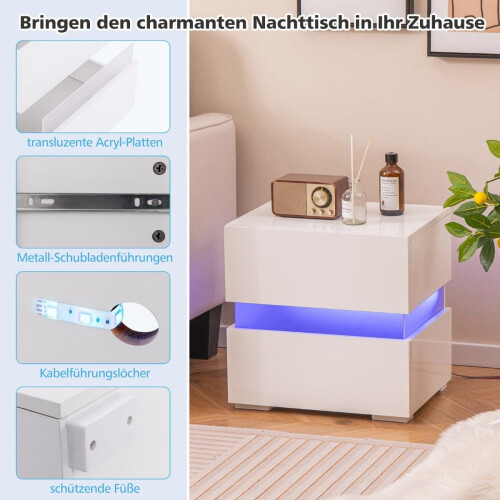 LED-Nachttischset mit 2 Schubladen, Weiß, Fernbedienung