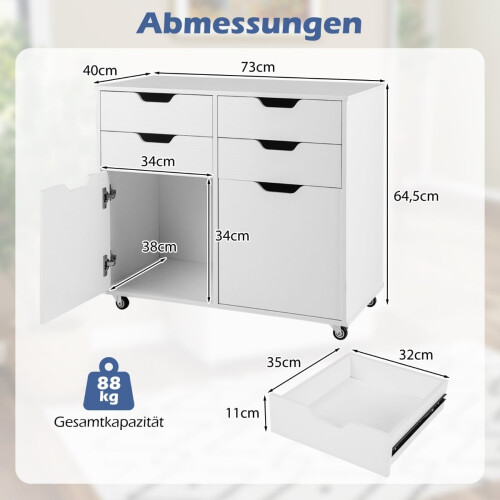 Armário móvel para armazenamento com 4 gavetas e 2 portas, branco 2