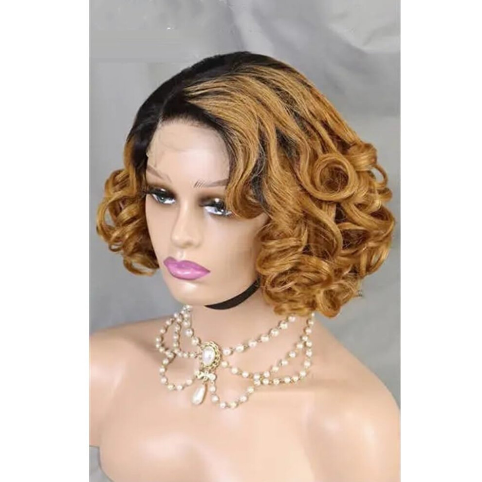 Unisex 14 Inch Bouncy Curly Human Hair Wig 1Bt30 Color Lace Closure 250% Density Natural Curls