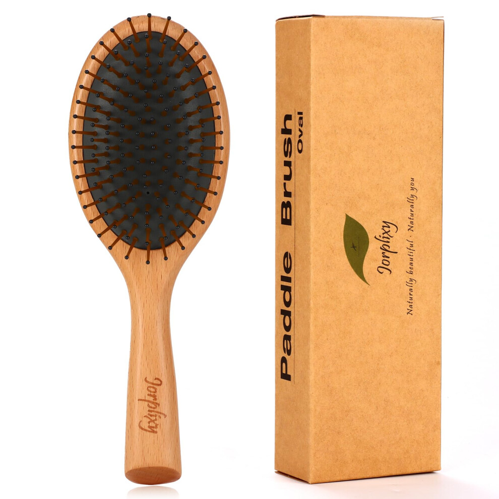 Wooden Paddle Hair Brush with Gentle Detangling Cushion for Thick and Curly Hair Styling
