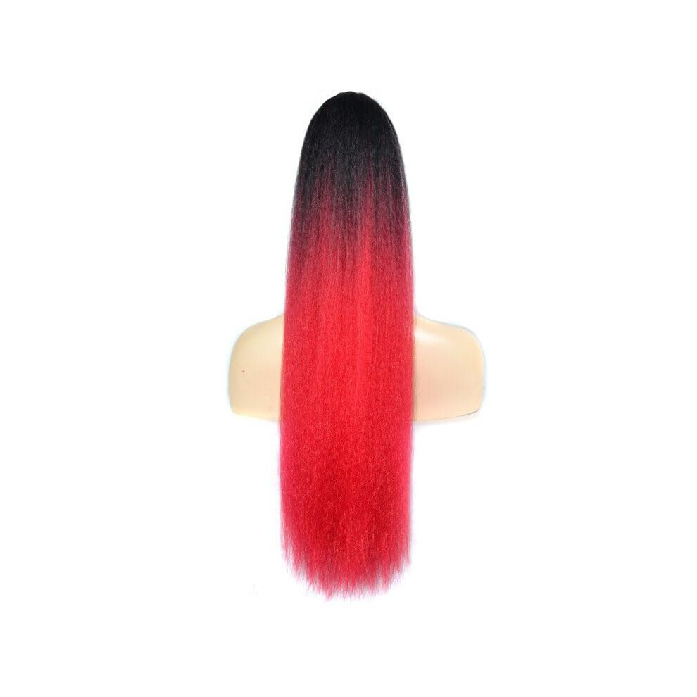 Ombre Black Red Kinky Straight Ponytail Hair Extension 22 Inch Yaki Drawstring Hairpiece