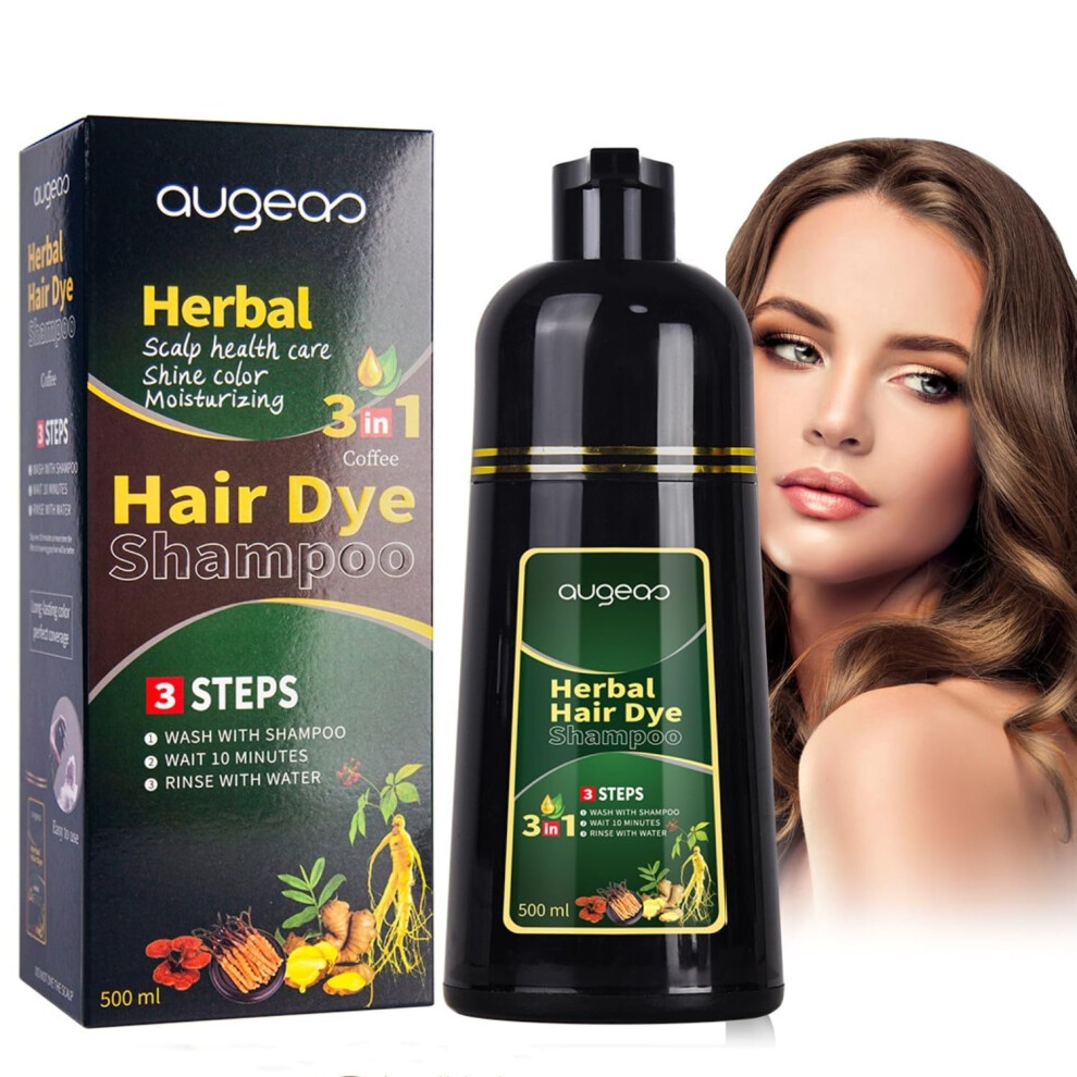 Brown Hair Dye Shampoo Dark 3 In 1 For Gray Hair, Instant Coverage Herbal Formula 500Ml