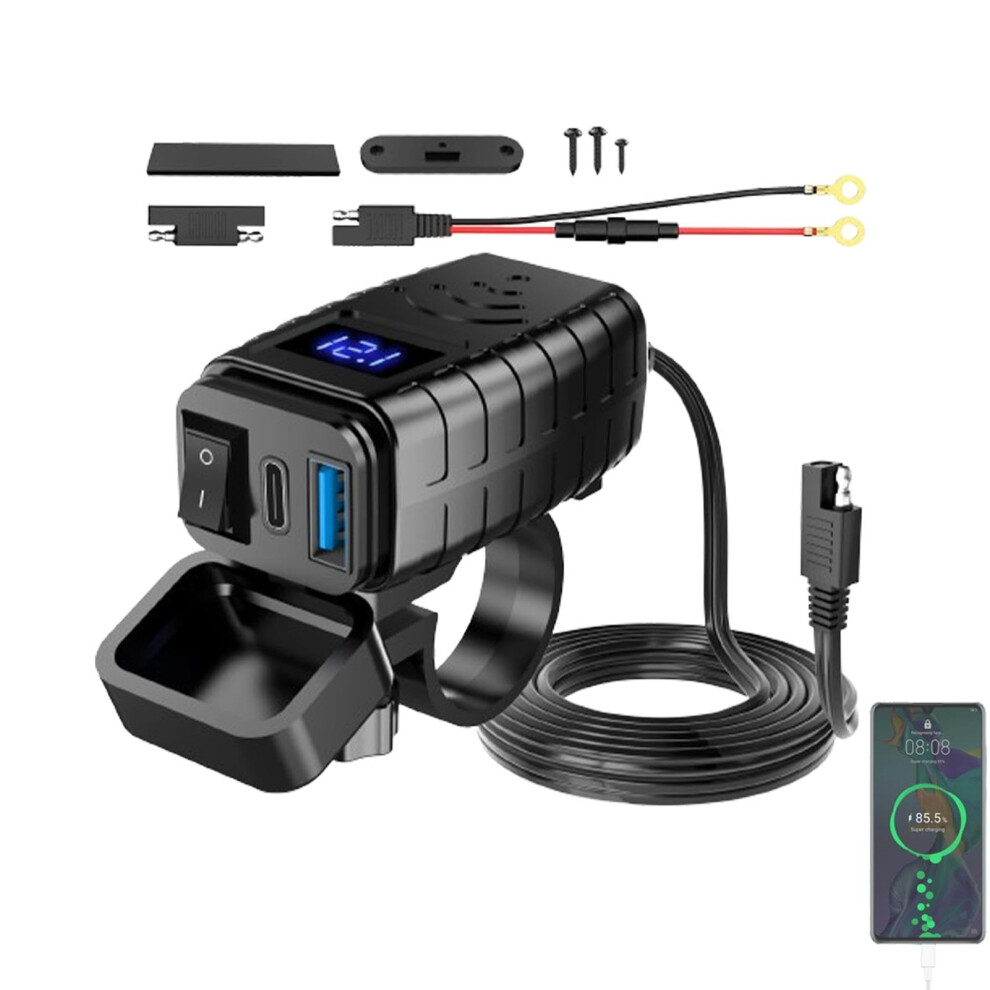 Motorcycle Usb Charger Waterproof Dual Port With Voltmeter Fast Charging Handlebar Adapter Black 9365369509511