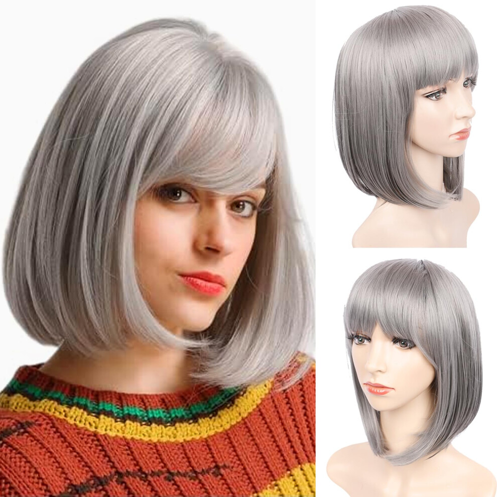Grey Short Bob Wig with Bangs for Women, Synthetic Shoulder Length Hair for Party and Cosplay