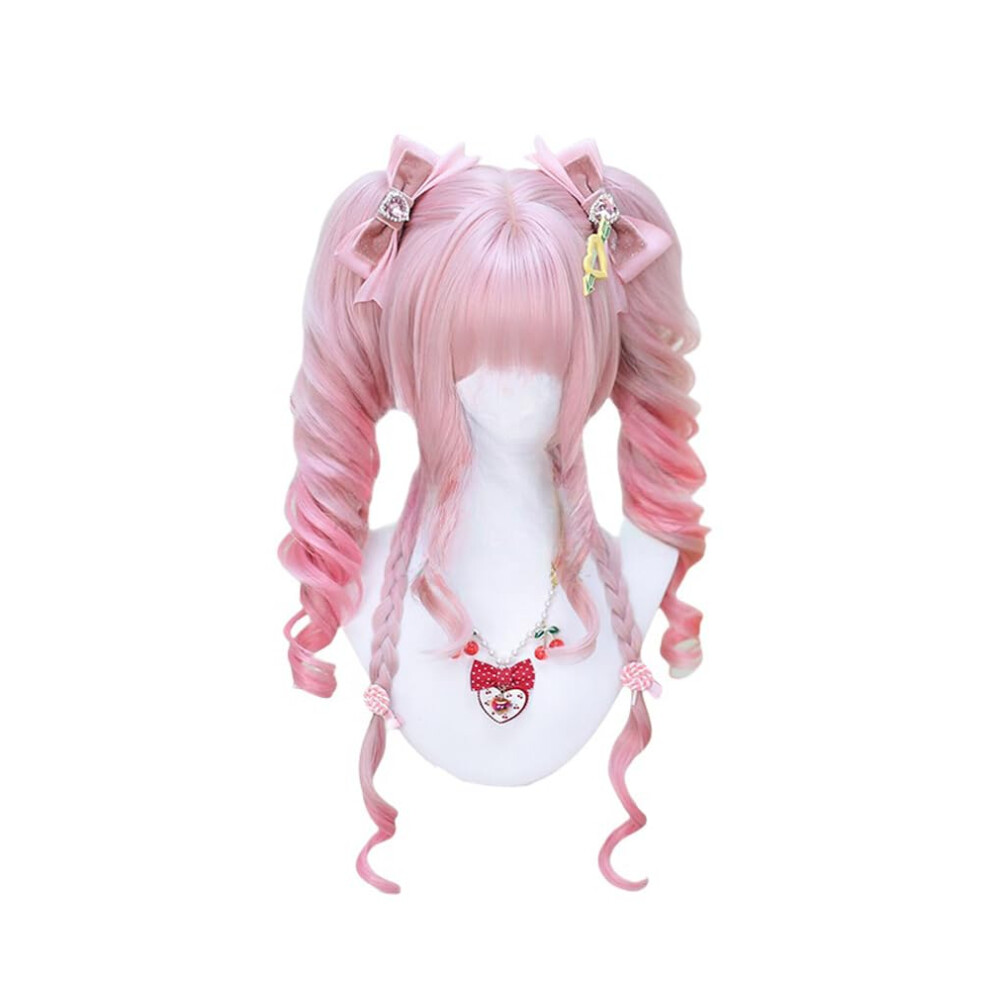 Unisex Pink Lolita Wig With Bangs, Heat Resistant Synthetic Curls, Clipon Ponytails For Cosplay