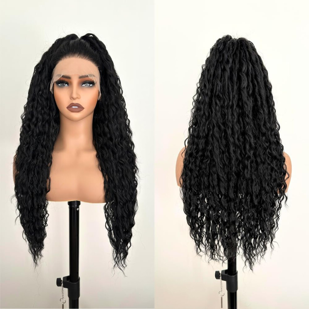Unisex Black 13X6 Hd Lace Front Wig Long Kinky Curly Synthetic Hair Glueless With Baby Hair