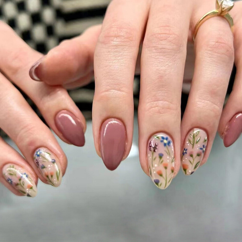 30pcs Floral Almond Press on Nails with Glue, Reusable Soft Gel Fake Nails for Women Medium Length