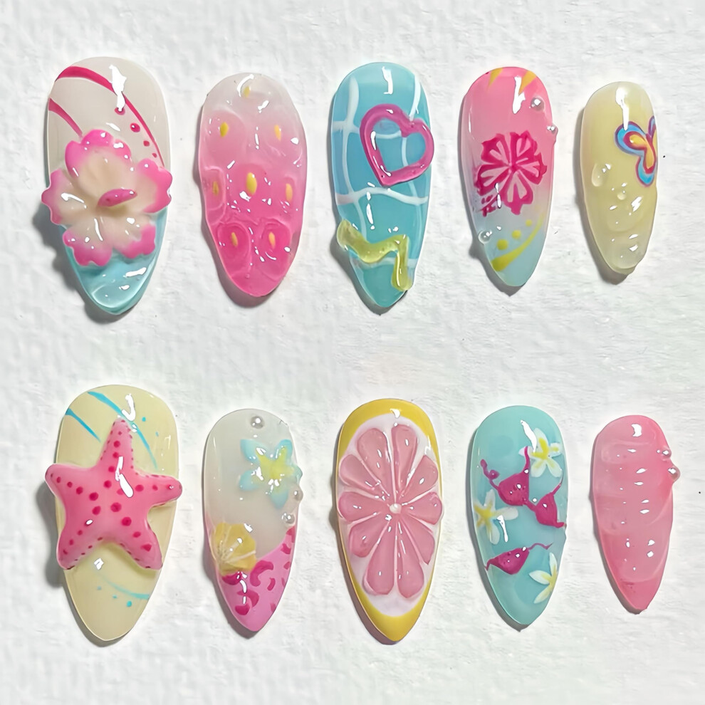 3D Summer Beach Press On Nails Almond Shape with Starfish and Flower 30pcs Full Cover Fake Nails