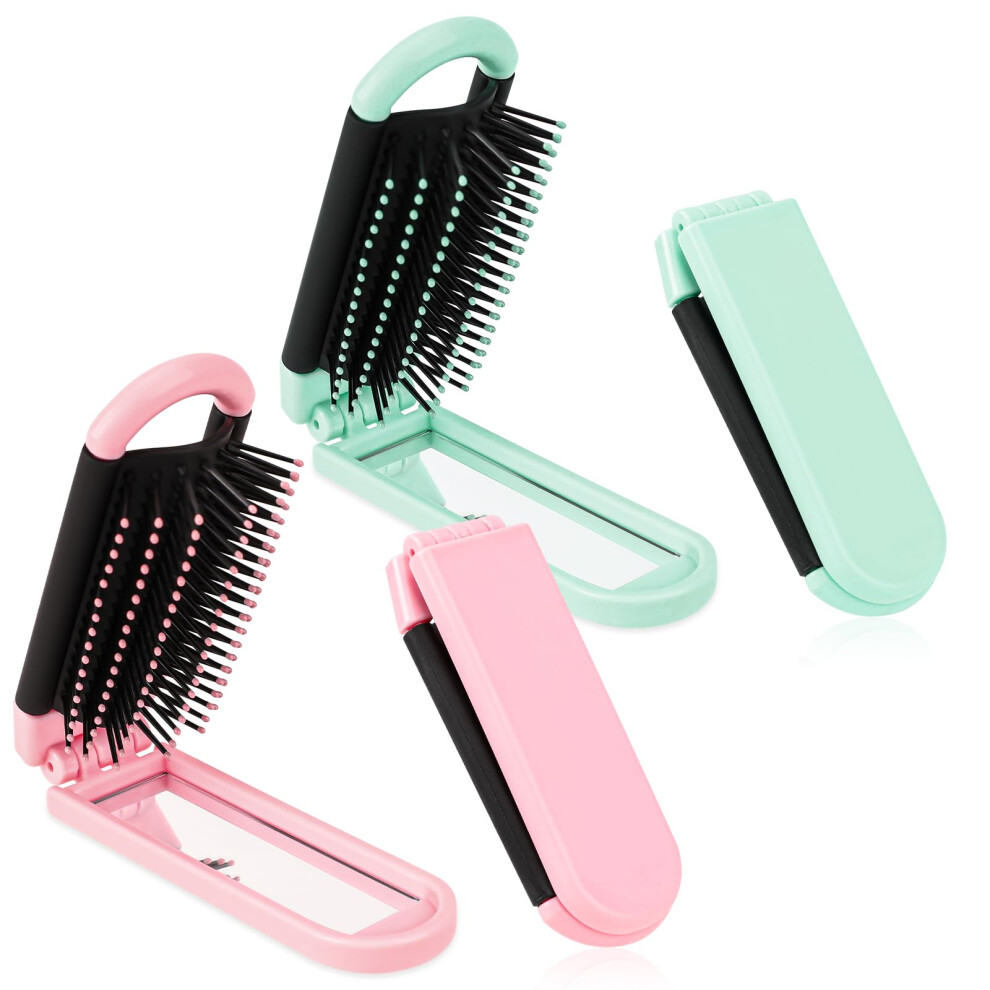 Unisex Silver 2 Pack Travel Hair Brush Foldable Comb With Builtin Mirror Compact Mini Brush For Purse And Trips