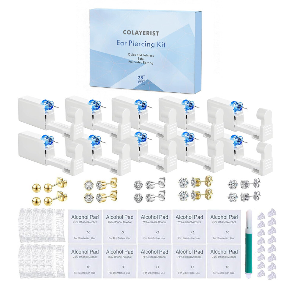 Ear Piercing Kit 10PCS Disposable Gun with Preloaded CZ Studs Safe Sterile Painless for Home Use