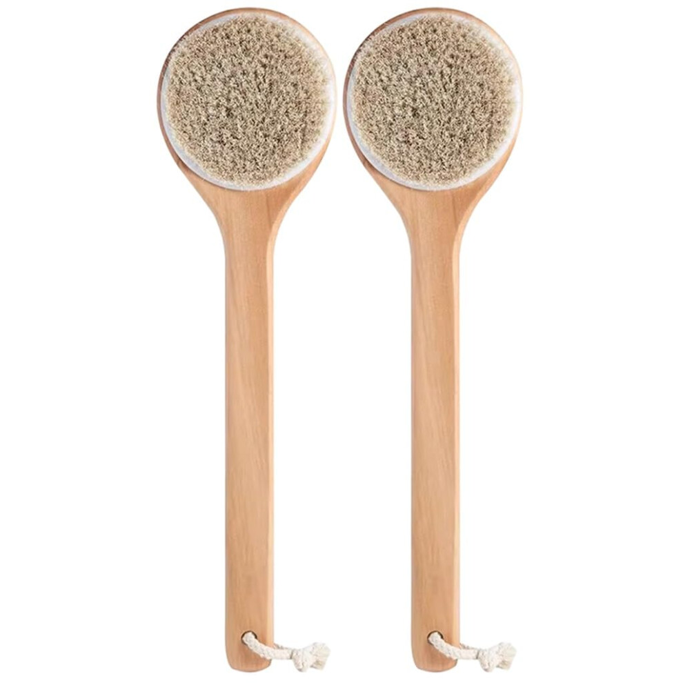 Bath Brush with Long Wooden Handle, Natural Horsehair Bristles, Back Scrubber for Gentle Exfoliation, 2pcs