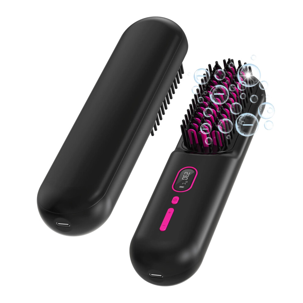 Cordless Ceramic Hair Straightener Brush with Fast 30s Heat Up and Adjustable LCD Temperature