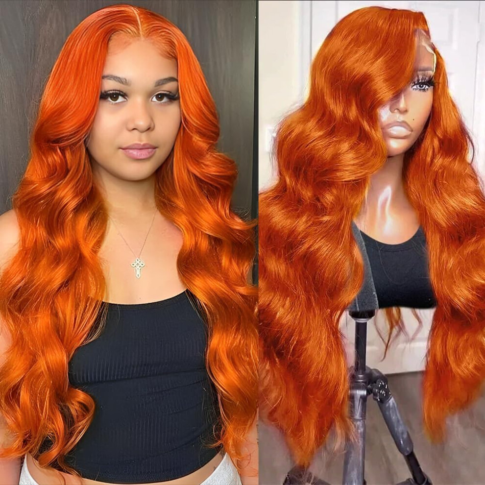 Unisex 28 Inch Ginger Lace Front Wig Human Hair 13X4 Body Wave Pre Plucked Glueless Natural Hairline
