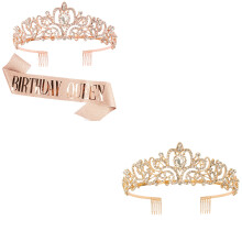 Tiara and Crown Set Rose Gold and Gold Bridal Tiaras with Sash for Wedding and Party