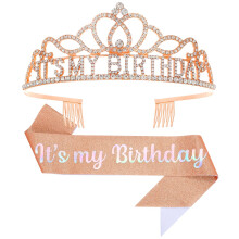 Rose Gold Birthday Tiara and Sash Set for Women, Elegant Rhinestone Crown for Birthday Party