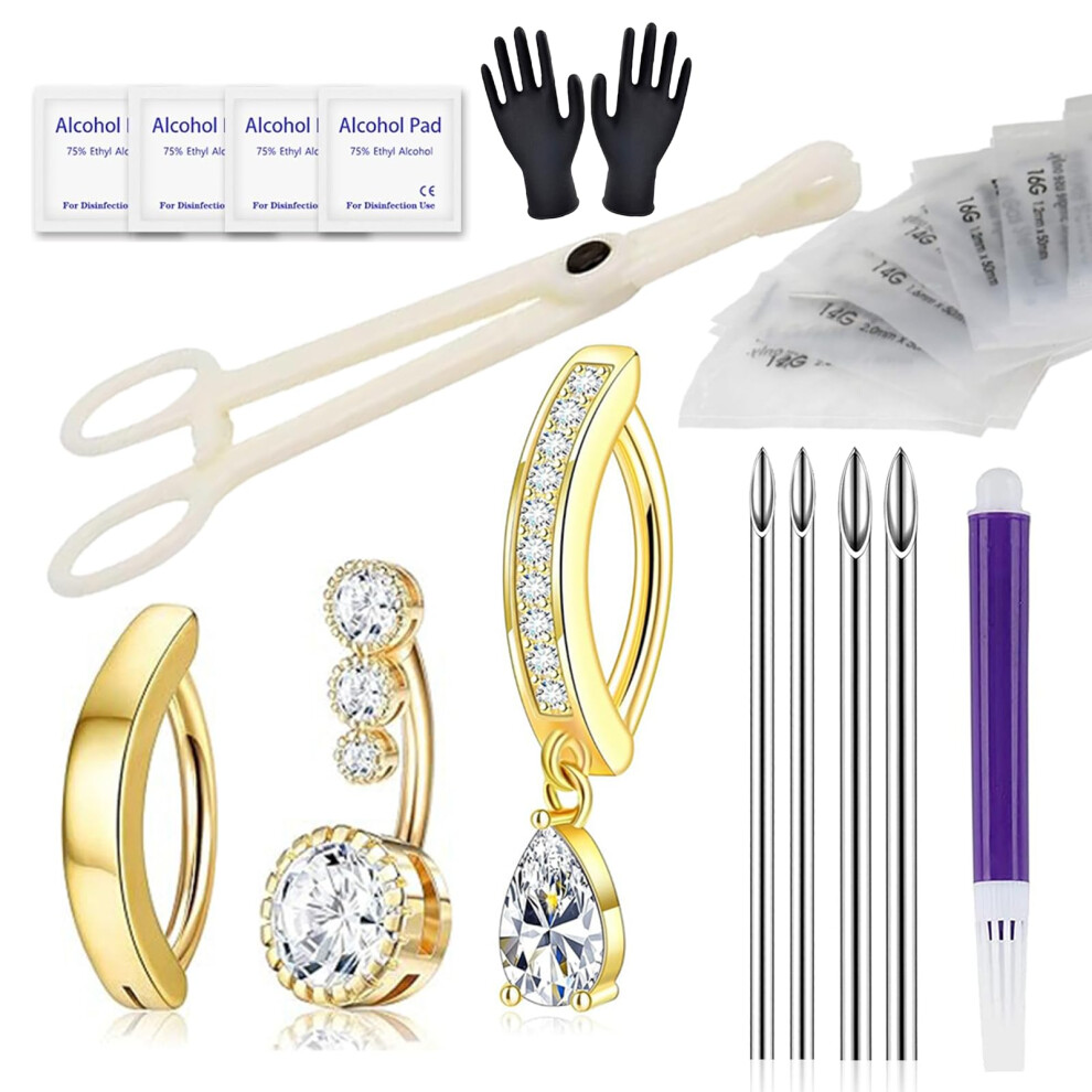 Professional Belly Button Piercing Kit Gold with Sterile Tools and Stainless Steel Navel Rings 17PCS