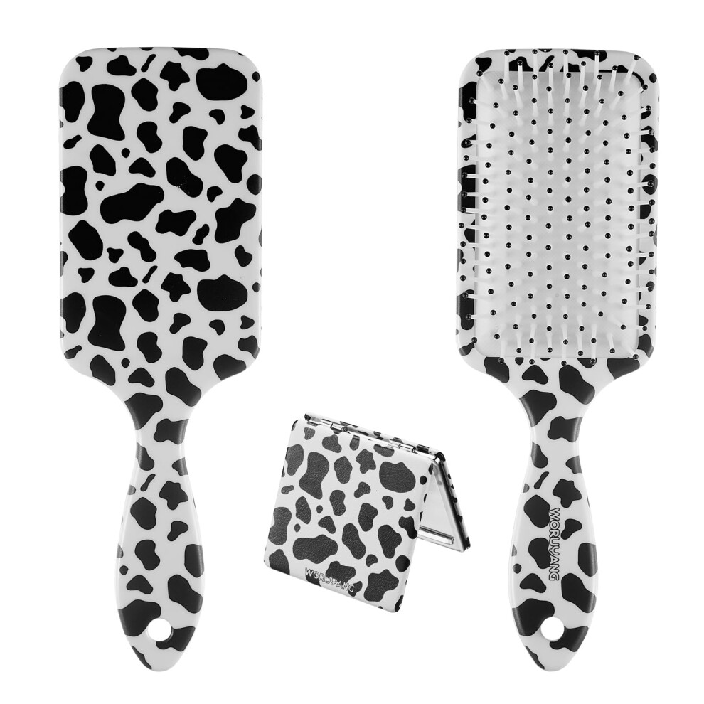 Cow Print Detangling Hair Brush with Mirror for Thick Curly Wet and Dry Hair, 8.5 Inch