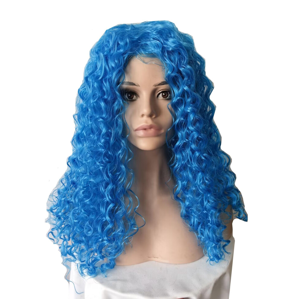Vibrant Blue Cosplay Wig Shoulder Length Wavy Curls Synthetic Hair with Adjustable Cap