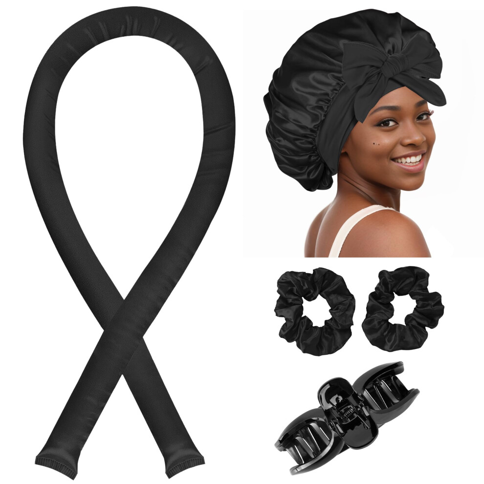 Heatless Hair Curler No Heat Curling Rod Set with Satin Bonnet for Overnight Styling Black