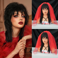 Black Cosplay Wig Long Wavy Heat Resistant Synthetic Hair with Natural Hairline for Halloween