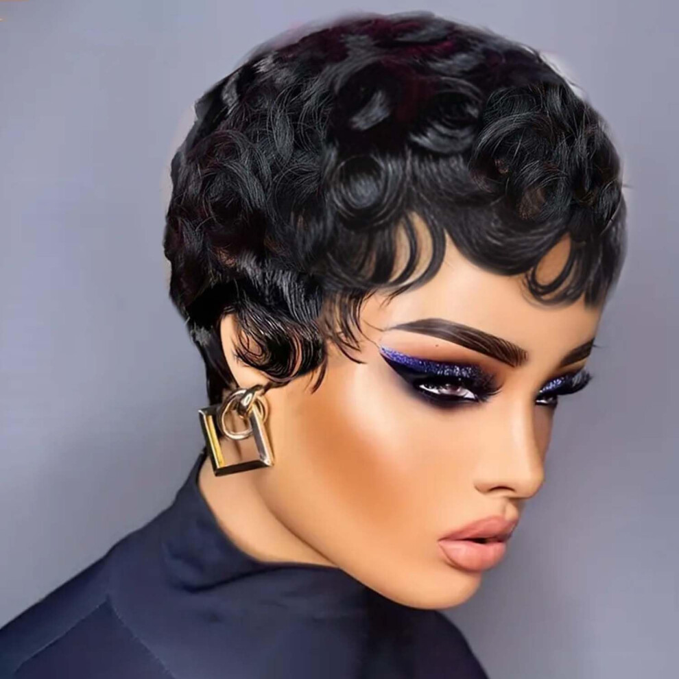 Unisex Black Pixie Cut Human Hair Wig For Women Glueless Pre Plucked Short Curly Wig With Bangs 1B