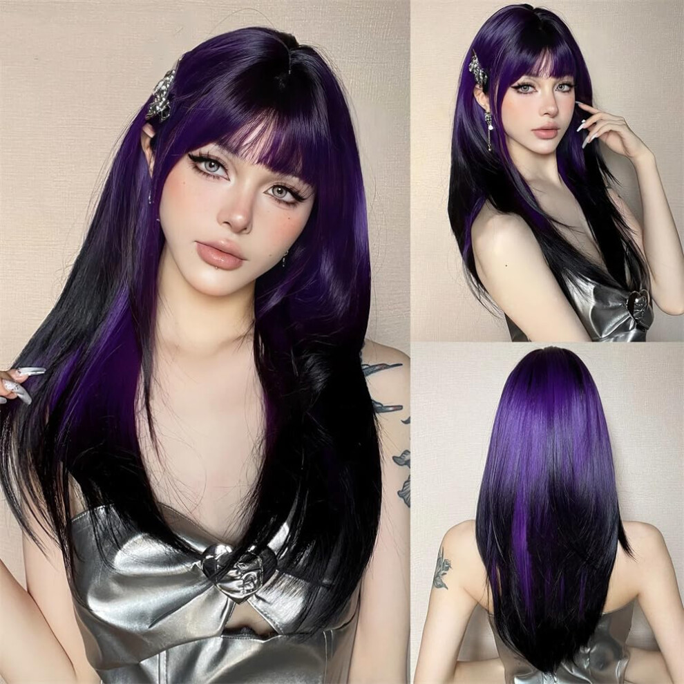 Long Straight Ombre Synthetic Wig for Women, 26 Inch Lace Front, Heat Resistant, Natural Hairline